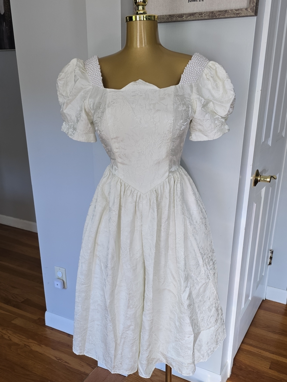 Classic Cream Puff-Sleeve Midi Dress with Pearl Straps